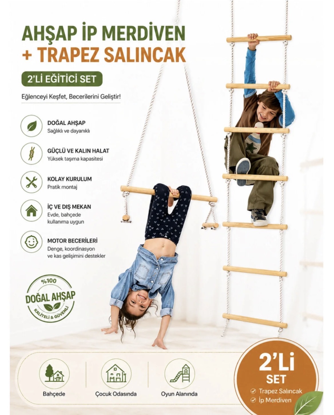 2li Ahşap Trapez Salıncak ve Ahşap ip Salıncak